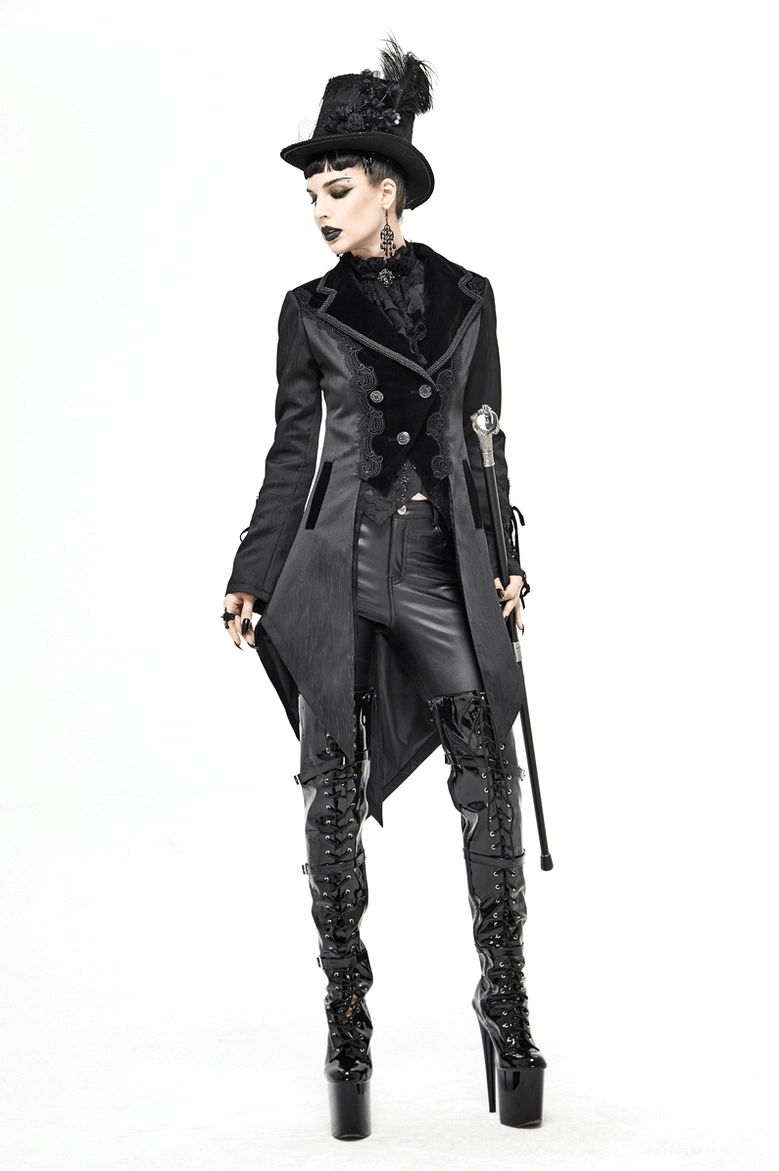 Jacquard Velvet Tailcoat with Lace Details - Gothic Subculture Fashion Styling