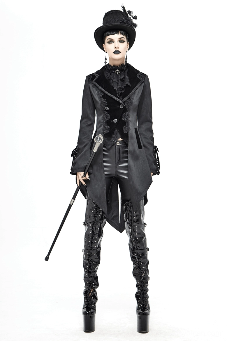 Black Velvet Tailcoat with Jacquard Weave - Complete Garment Front View