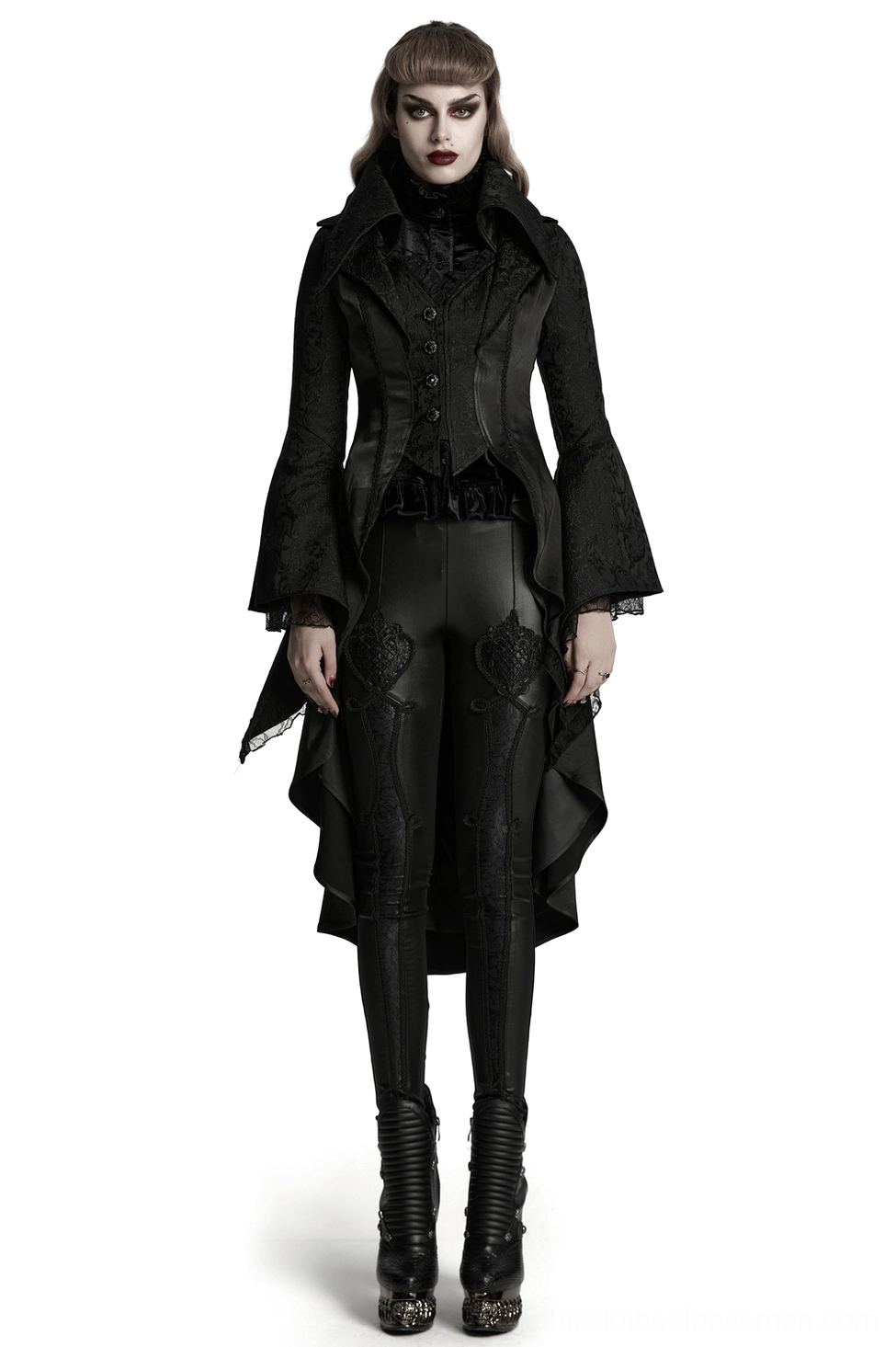 Women's gothic high-low tailcoat with layered lapels and jacquard lace front view