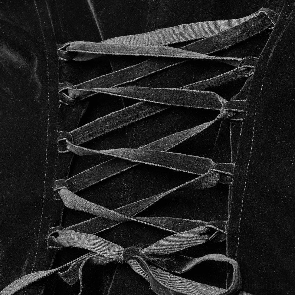 Detailed close-up of Victorian Gothic tailcoat corset lace-up back with velvet ribbon lacing and adjustable waist design mechanism