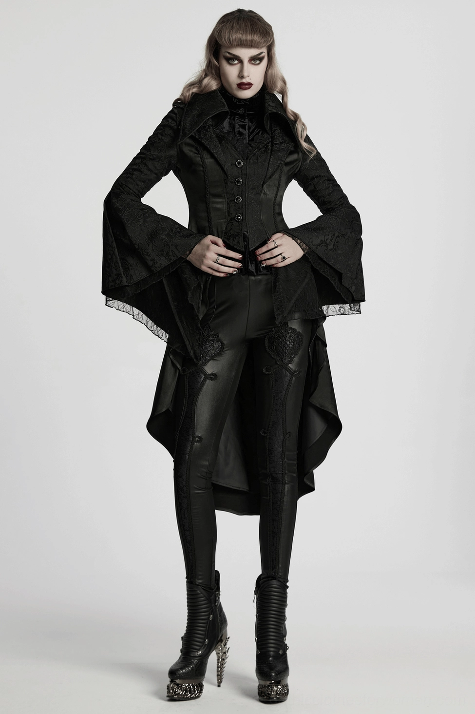 Gothic tailcoat with layered lapels and hand-sewn buttons detail view