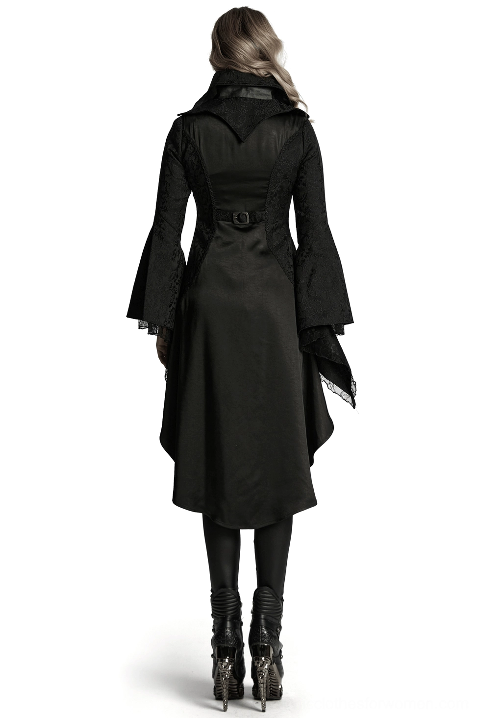 Women's victorian gothic tailcoat metal buckle waist belt and high-low hem back view