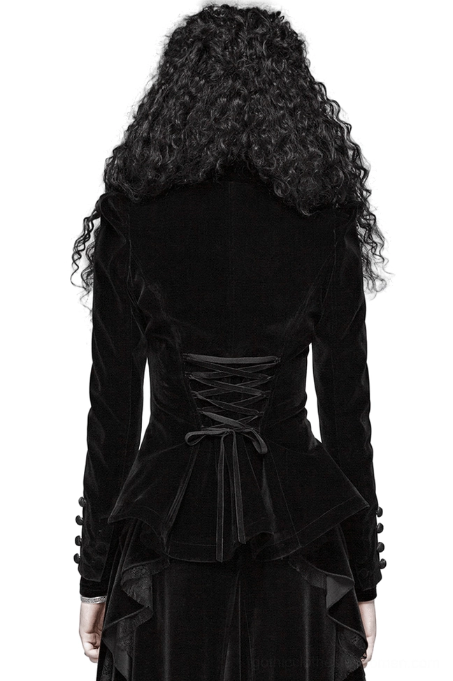 Gothic velvet tailcoat rear view showcasing corset lace-up back design with velvet ribbon detailing and structured shoulders
