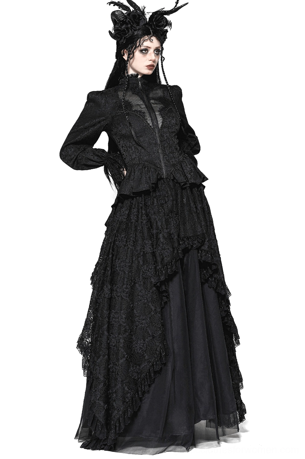 Gothic lace tailcoat three-quarter front view showing fitted corset waist and cascading high-low lace hem