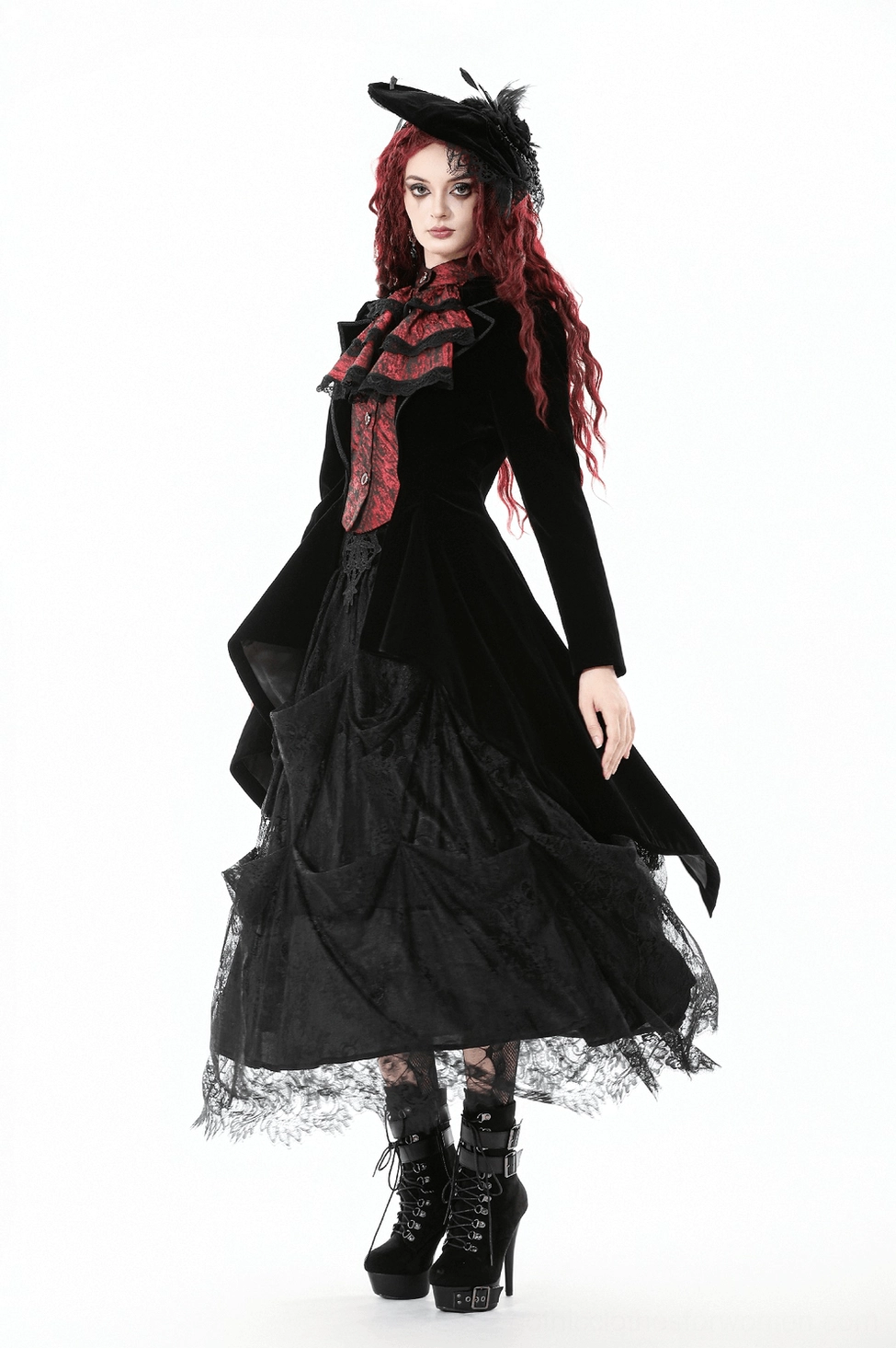 Gothic velvet tailcoat featuring wine red ruffled front insert with Victorian steampunk aesthetic