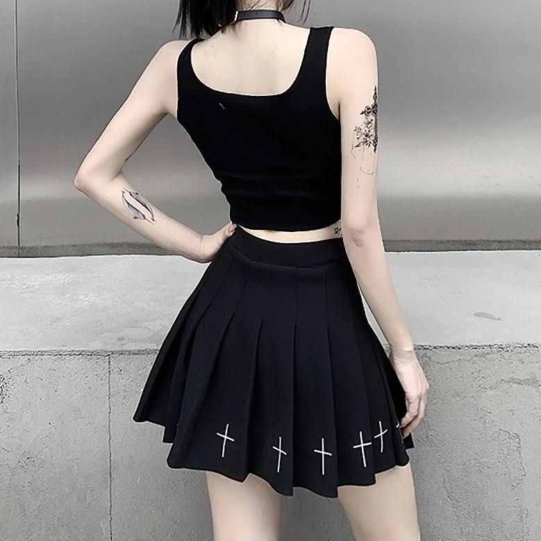 Gothic alternative tank top back full view on tattooed model wearing cross-patterned skirt