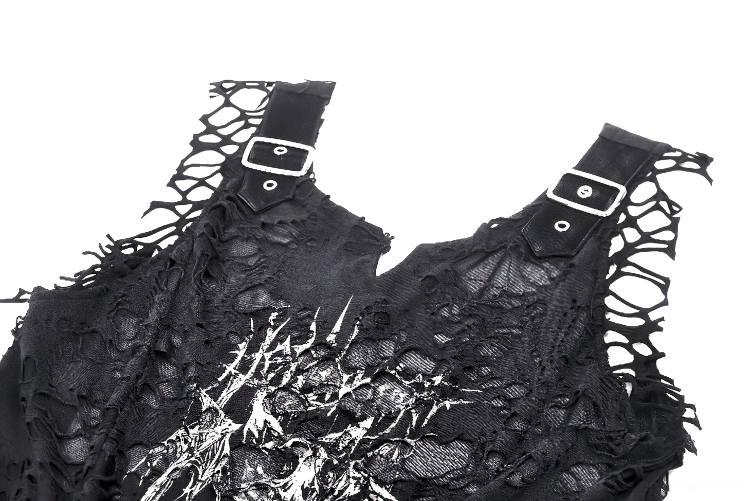 Black distressed tank top back view flat lay showing hollow-out knit texture