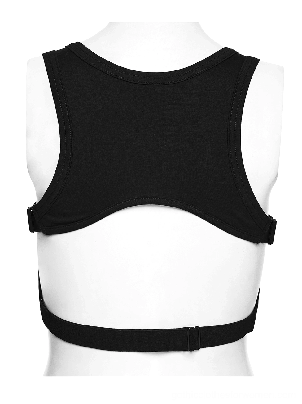 Black gothic tank top rear mannequin display, racerback design with adjustable back straps