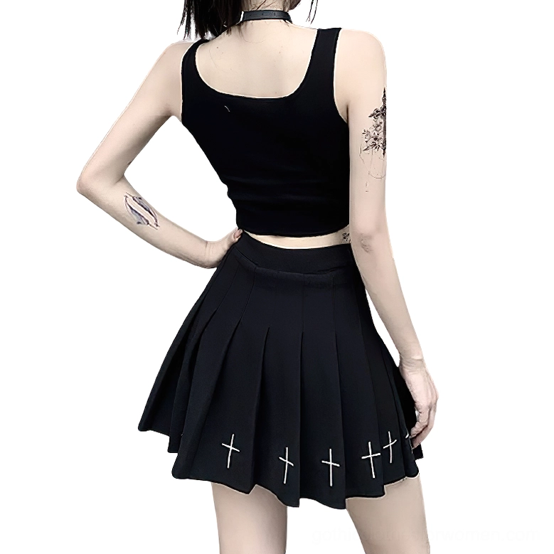 Gothic cropped tank top back view with pleated skirt showing alternative fashion styling