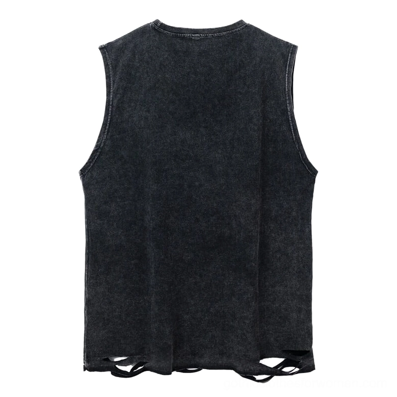 Black faded cotton gothic tank top back view showing ripped hem and vintage wash finish