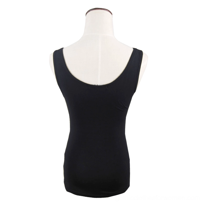 Back view of black gothic tank top on mannequin displaying low-cut back design, solid black knit fabric construction