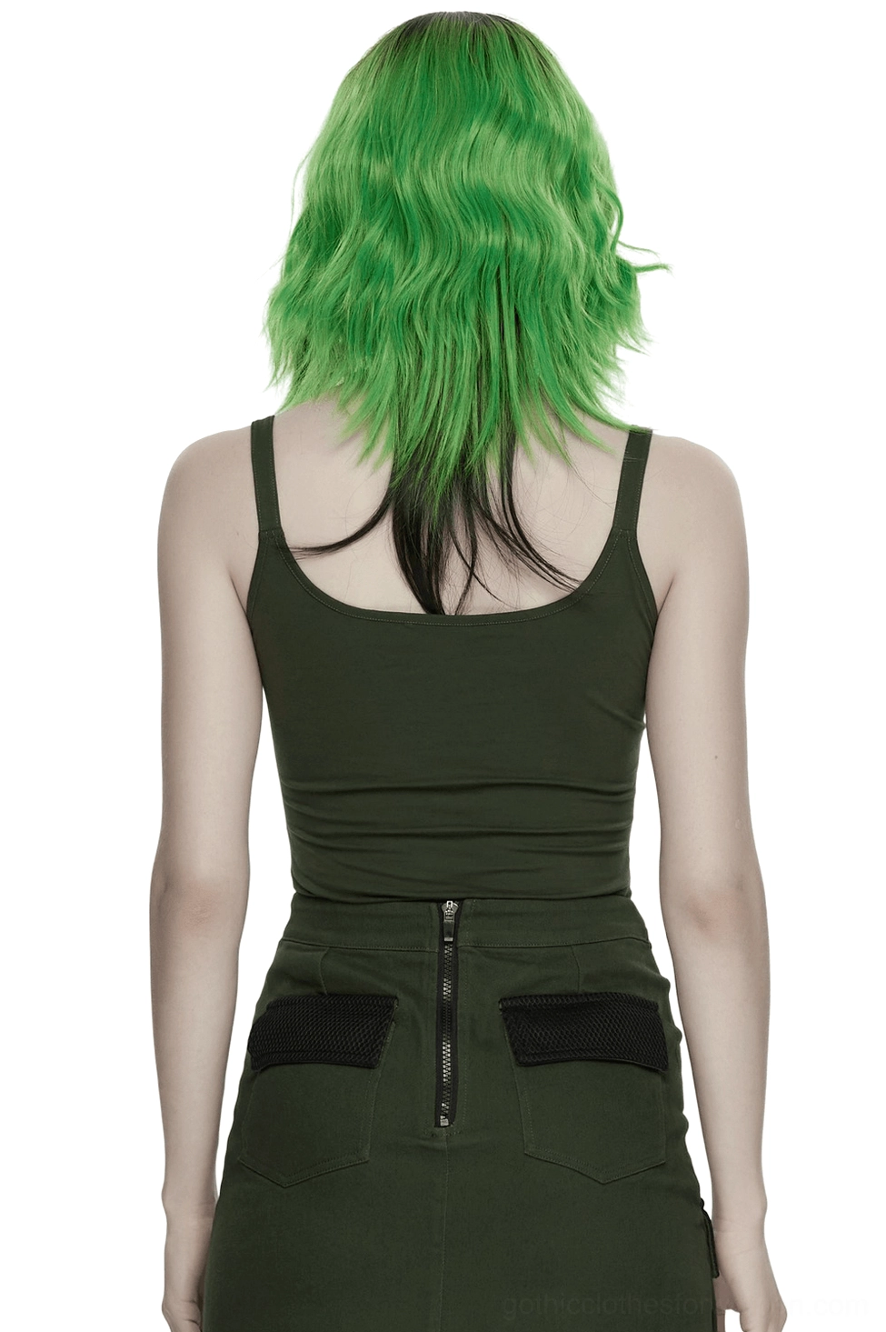 Gothic distressed mesh cami top - Back view showing spider web burnout details and sleeveless silhouette of women's alternative tank top
