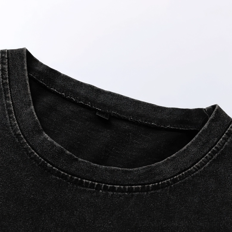 Crew neck collar detail close-up, black washed cotton oversized gothic sleeveless tank top