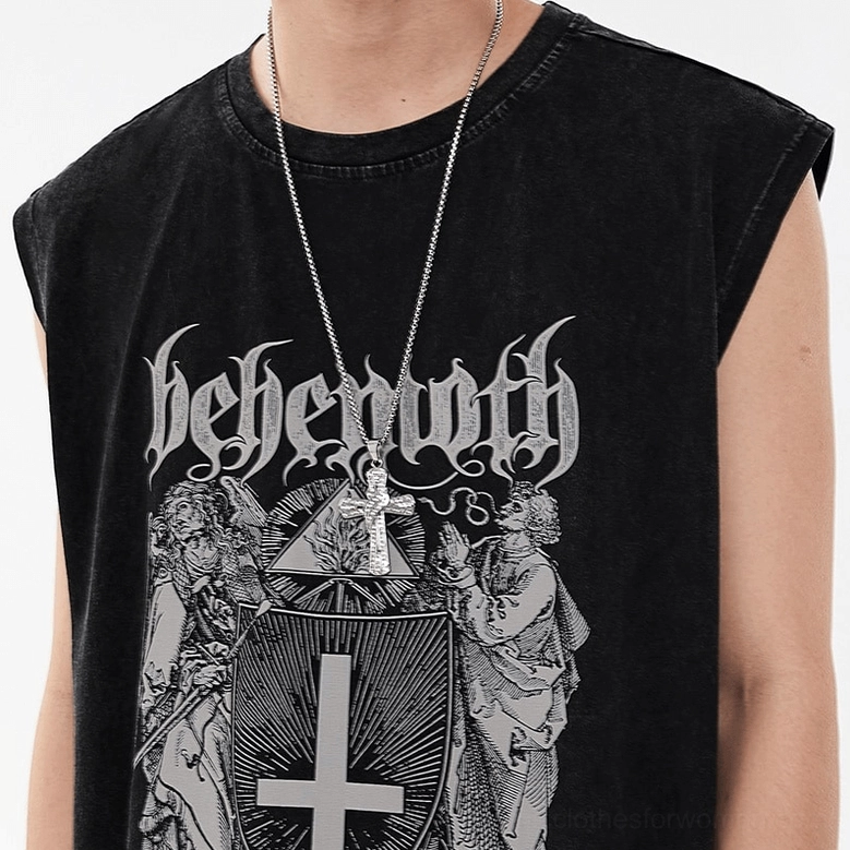 Close-up front detail of gothic graphic tank top crew neck, washed black cotton fabric and print design