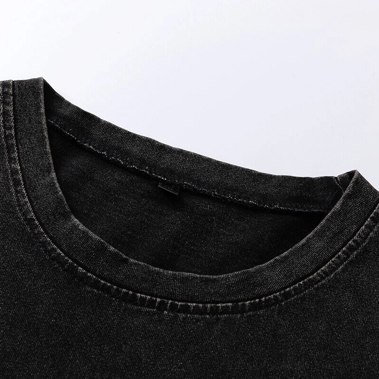 Close-up detail of crew neckline stitching on black cotton gothic tank top