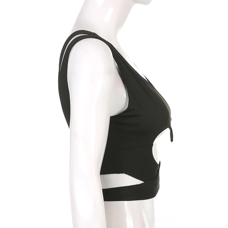 Black gothic crop tank top with waist cutout detail and dual shoulder straps - left side profile view