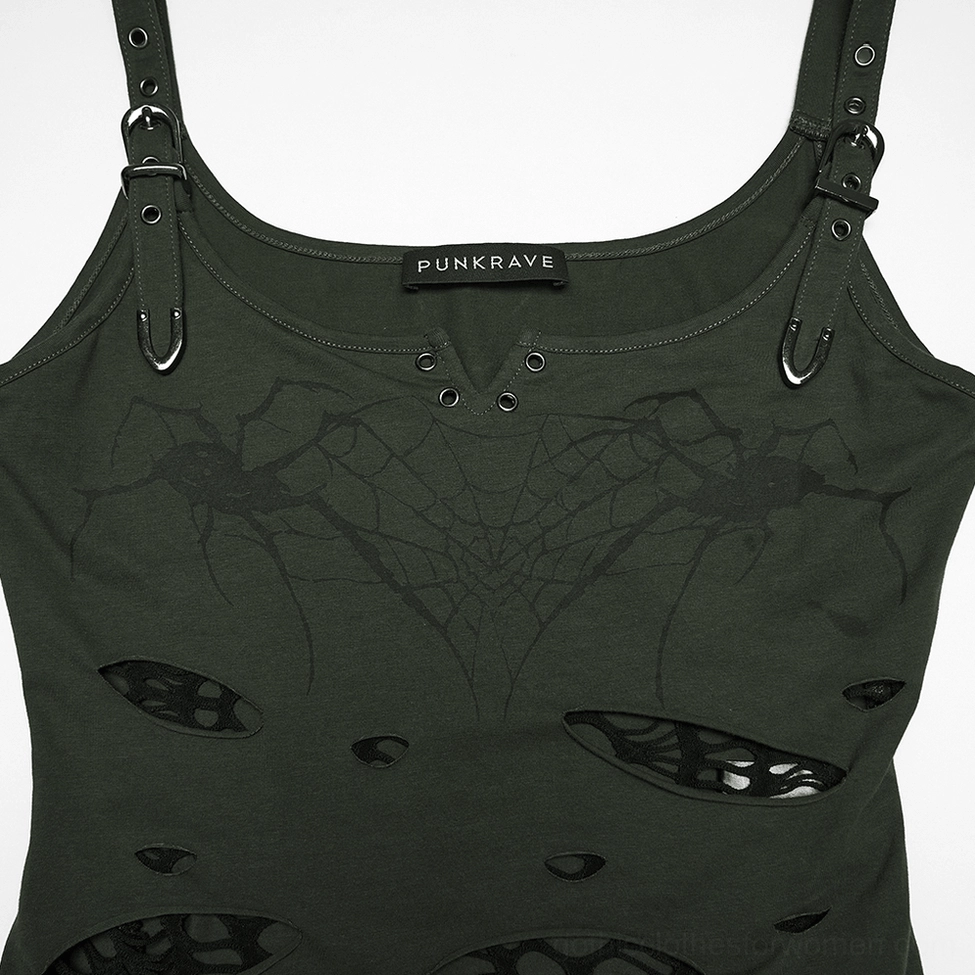 Spider web gothic tank top neckline close-up - Eyelet detailing with PUNKRAVE brand tag on distressed mesh cami