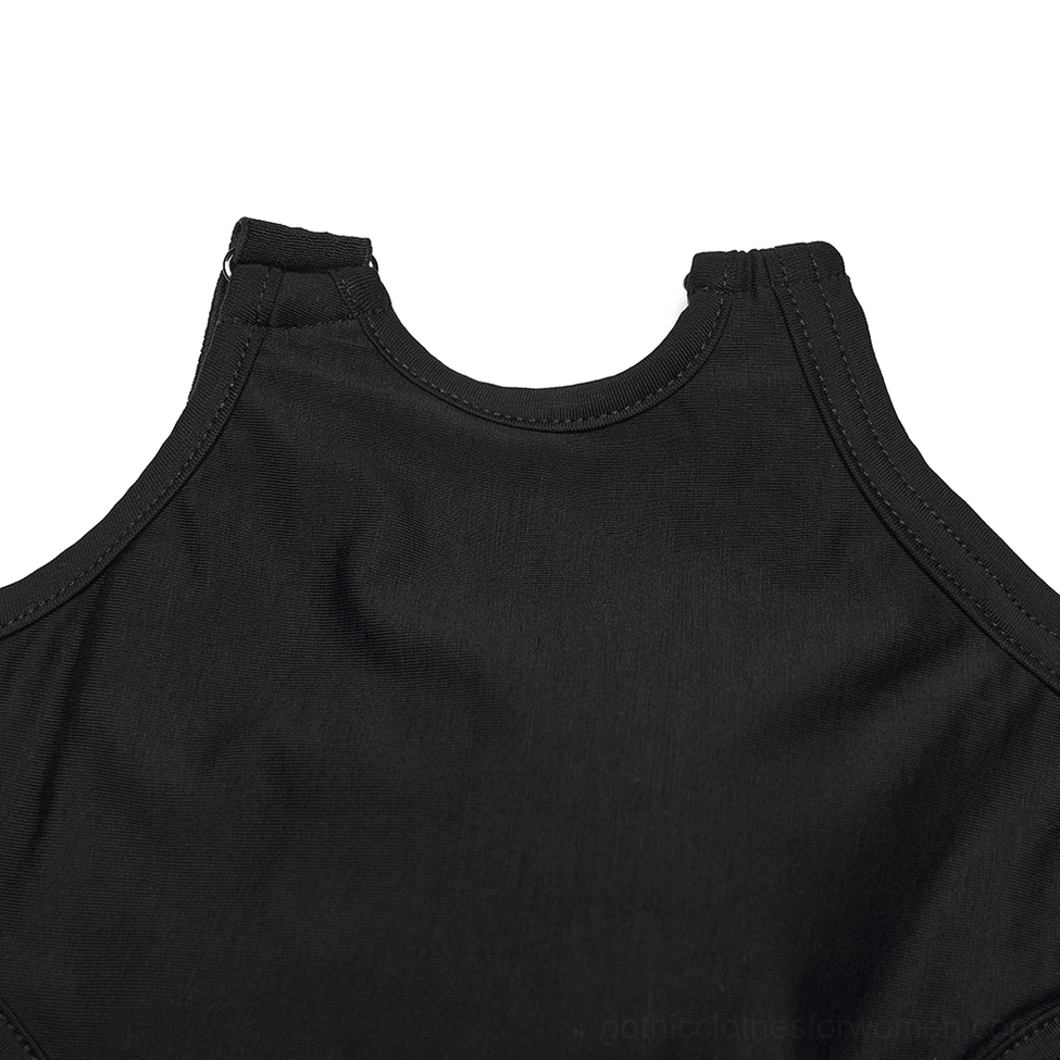 Gothic tank top fabric close-up detail, black lyocell stitching neckline precision construction