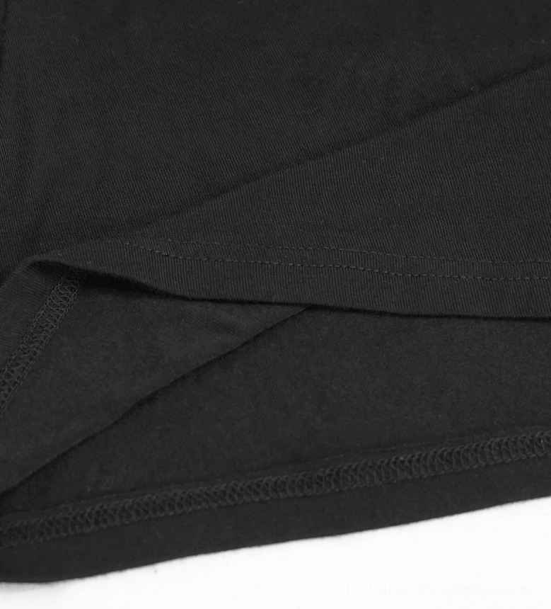 Fabric detail of black gothic tank top showing stretchy cotton-spandex knit construction and stitched hem seam