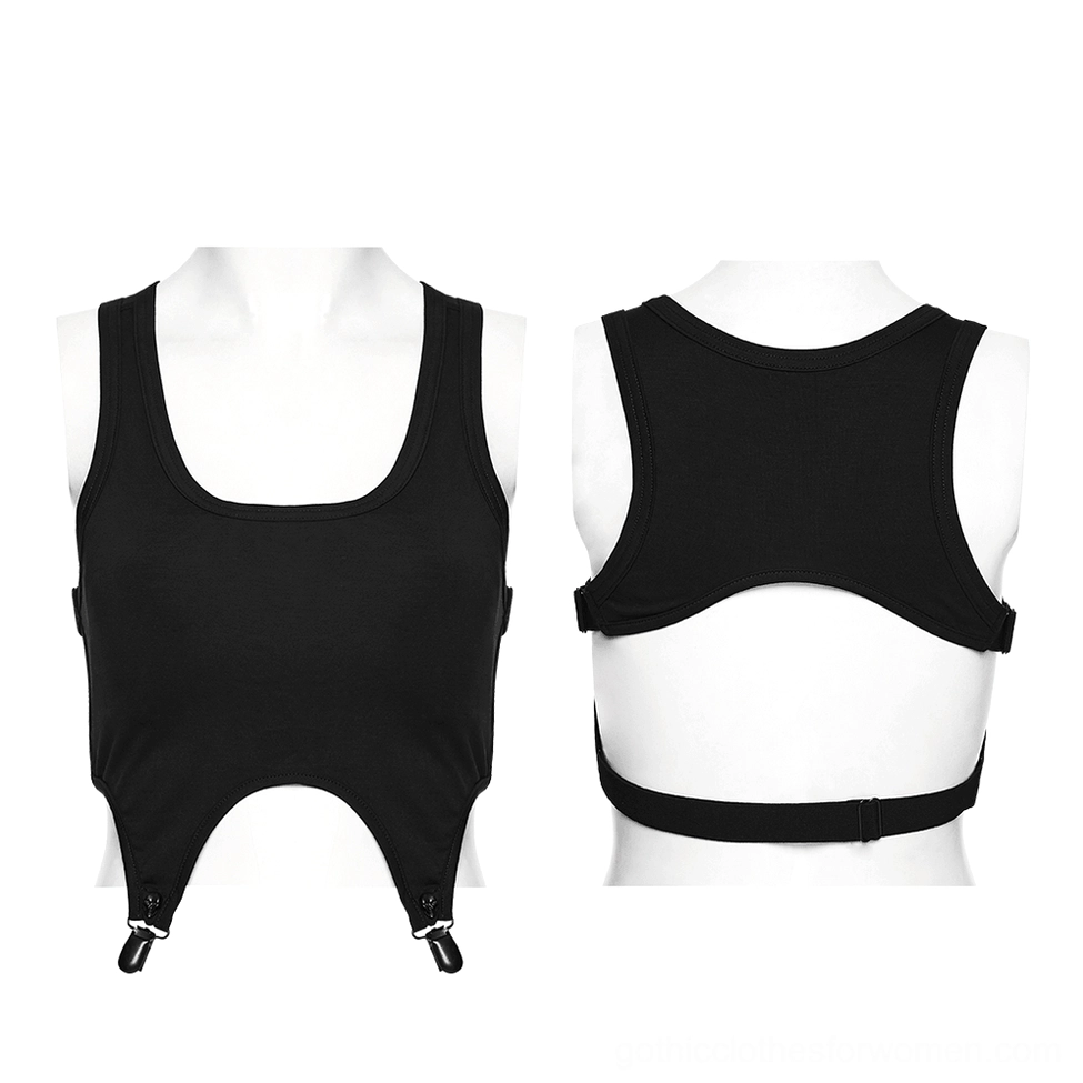 Black gothic tank top flat lay mannequin front and back display, hem clips and back strap system