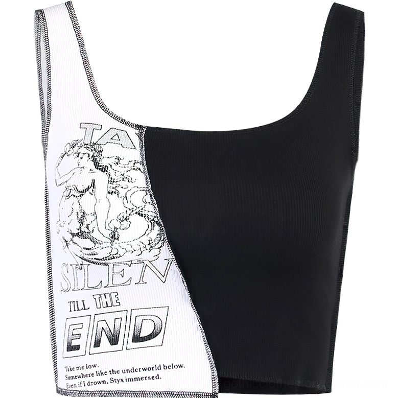 Black and white gothic tank top flat lay detail showing vintage graphic print and raw seams