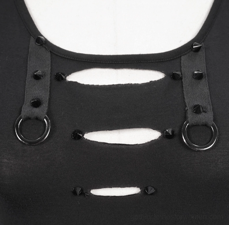 Close-up detail of black gothic tank top front cutout featuring metal D-rings, cone spike studs, and decorative strap design
