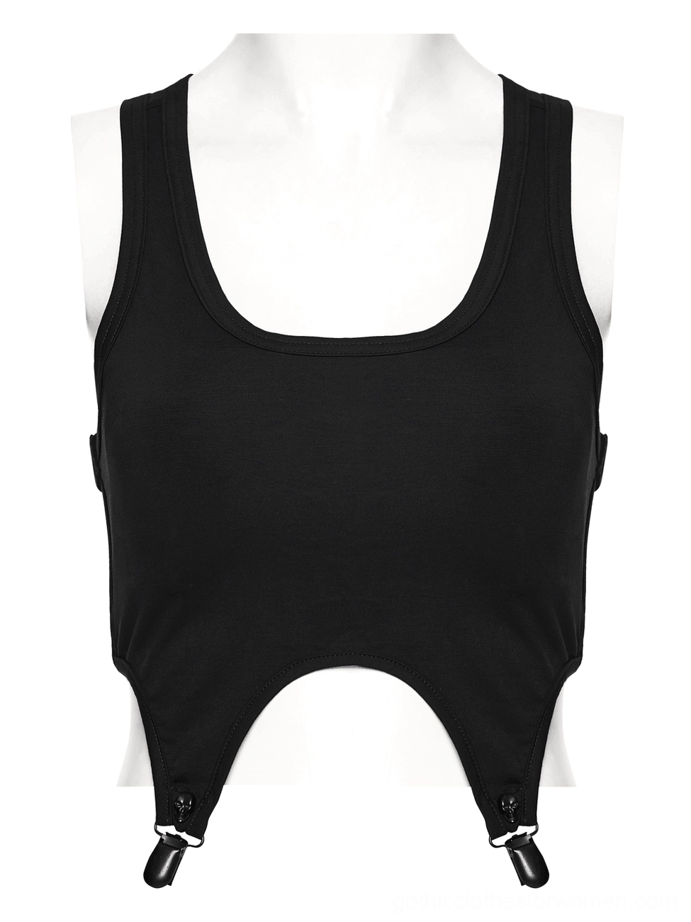 Gothic cutout tank top front mannequin display, square neckline curved hem design