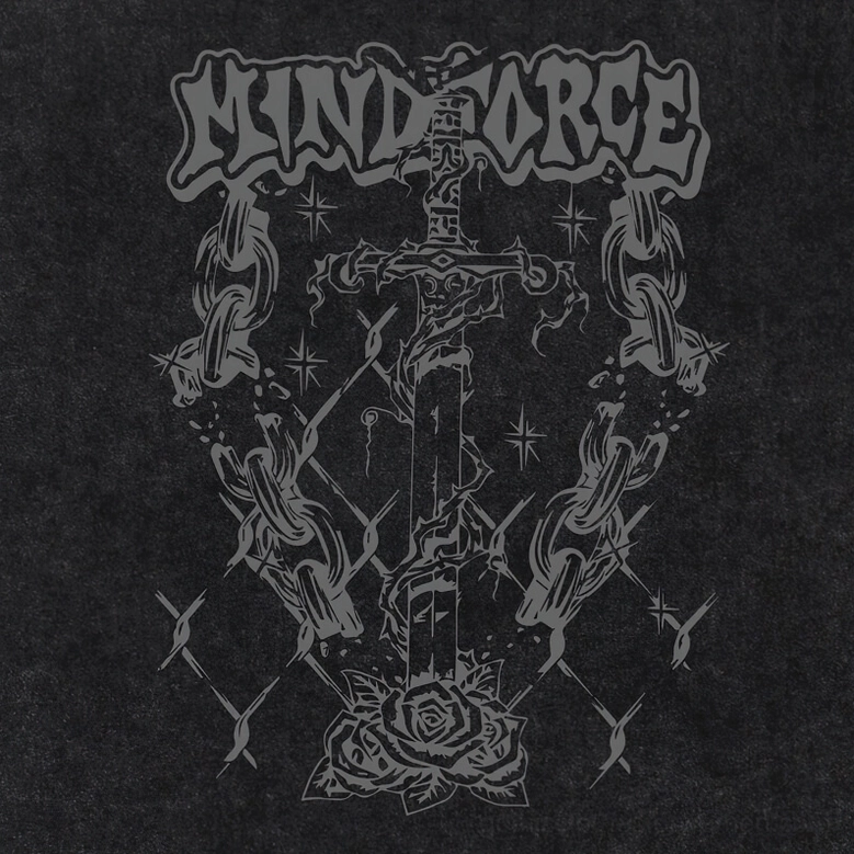 Graphic print close-up showing mind force text sword rose and gothic chains on black faded cotton tank