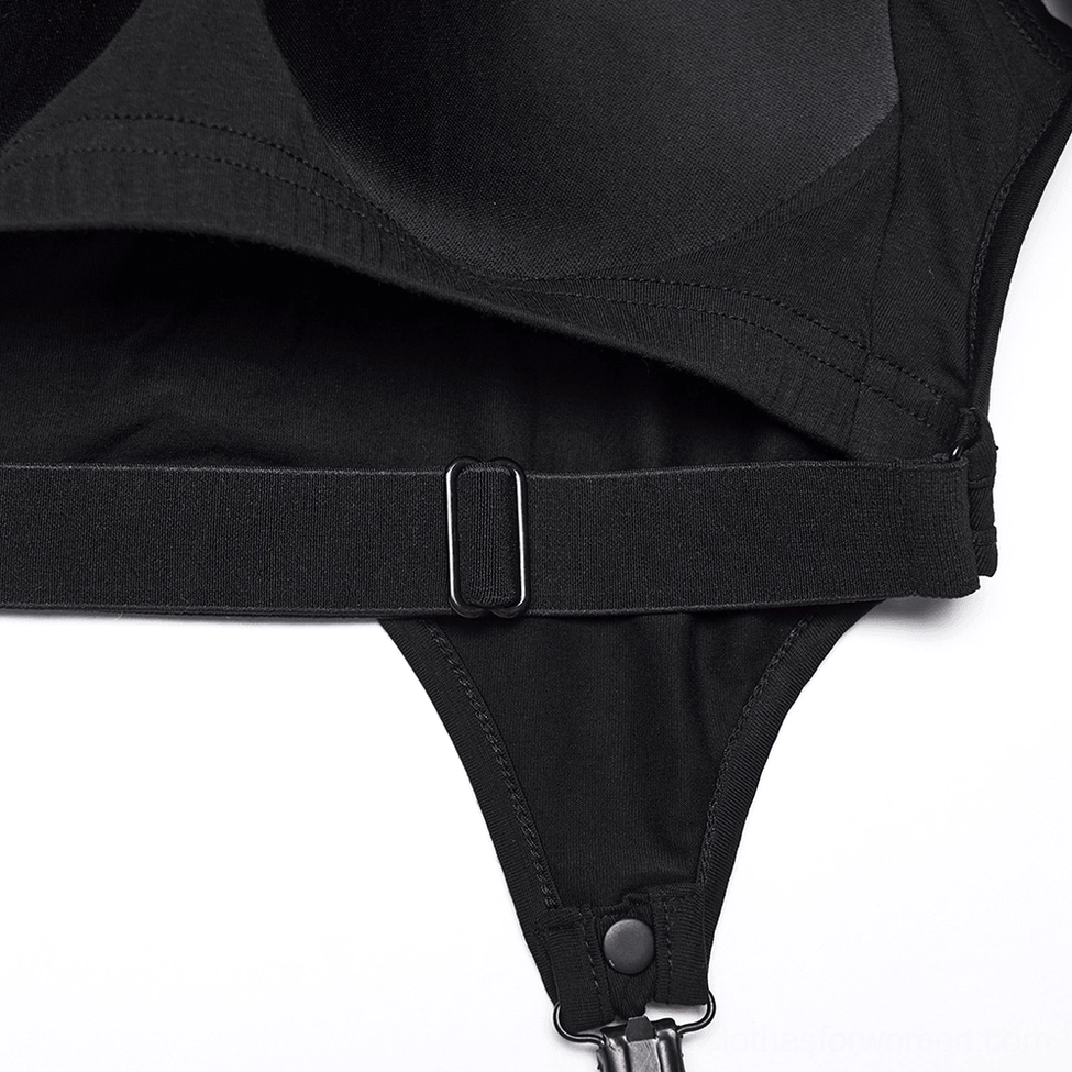 Gothic tank top hardware close-up, adjustable buckle and hem metal clips fastening system