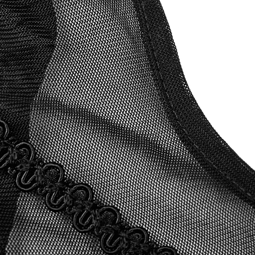 Close-up macro shot of sheer mesh fabric with braided lace trim edge detail from gothic tank top