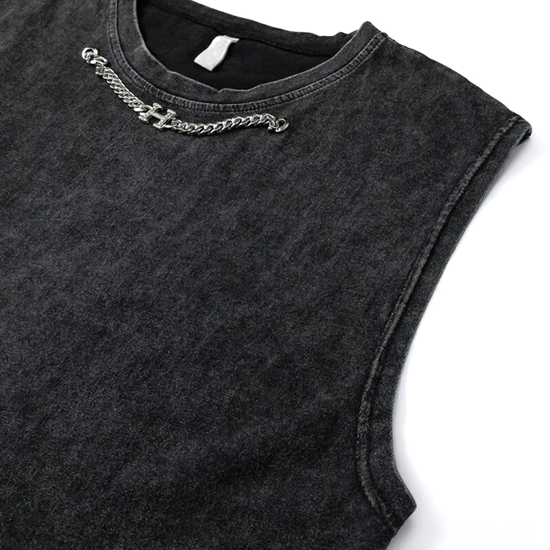 Angled side view of black gothic tank top showing crew neck and attached chain detail on faded cotton fabric