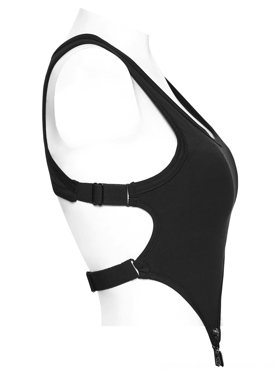 Gothic cutout tank top side profile view on mannequin, torso cutout and adjustable buckles visible