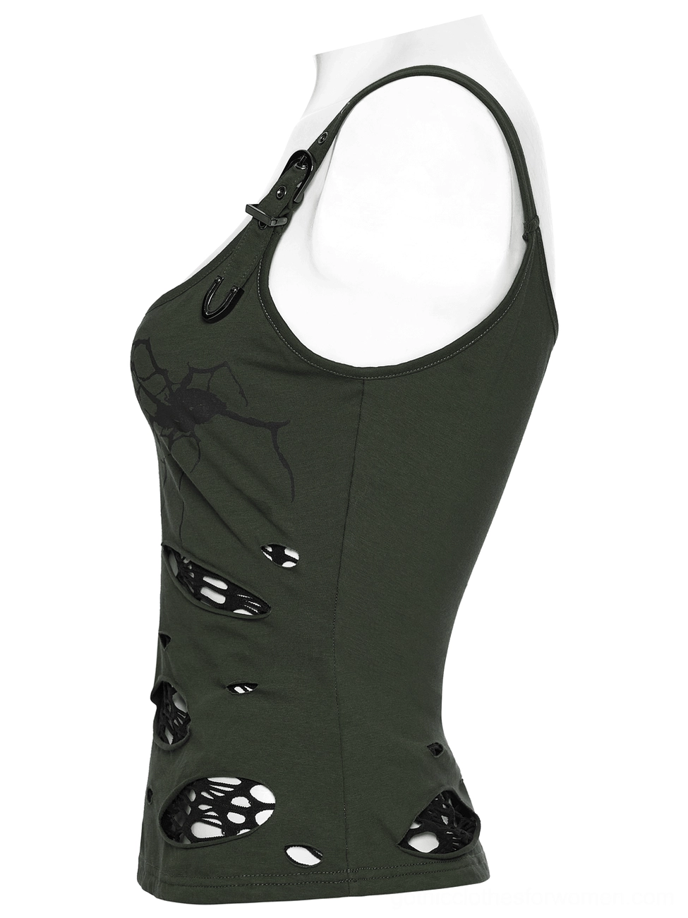 Gothic punk tank top side view - Left side mannequin showing spider web asymmetrical cutouts and adjustable metal buckle strap