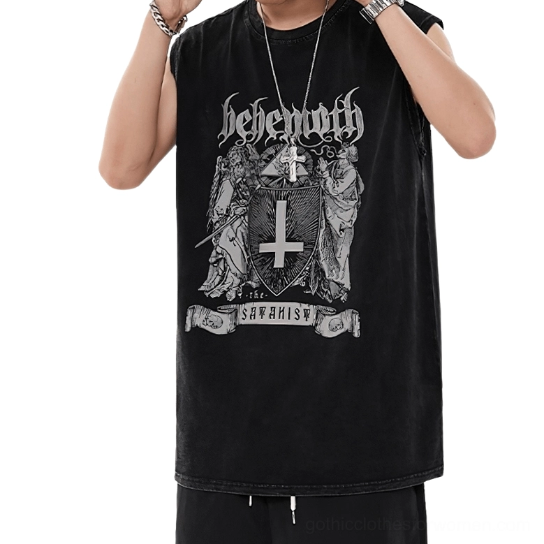 Vintage washed gothic tank top styled with cross necklace and accessories, grunge sleeveless tee on model