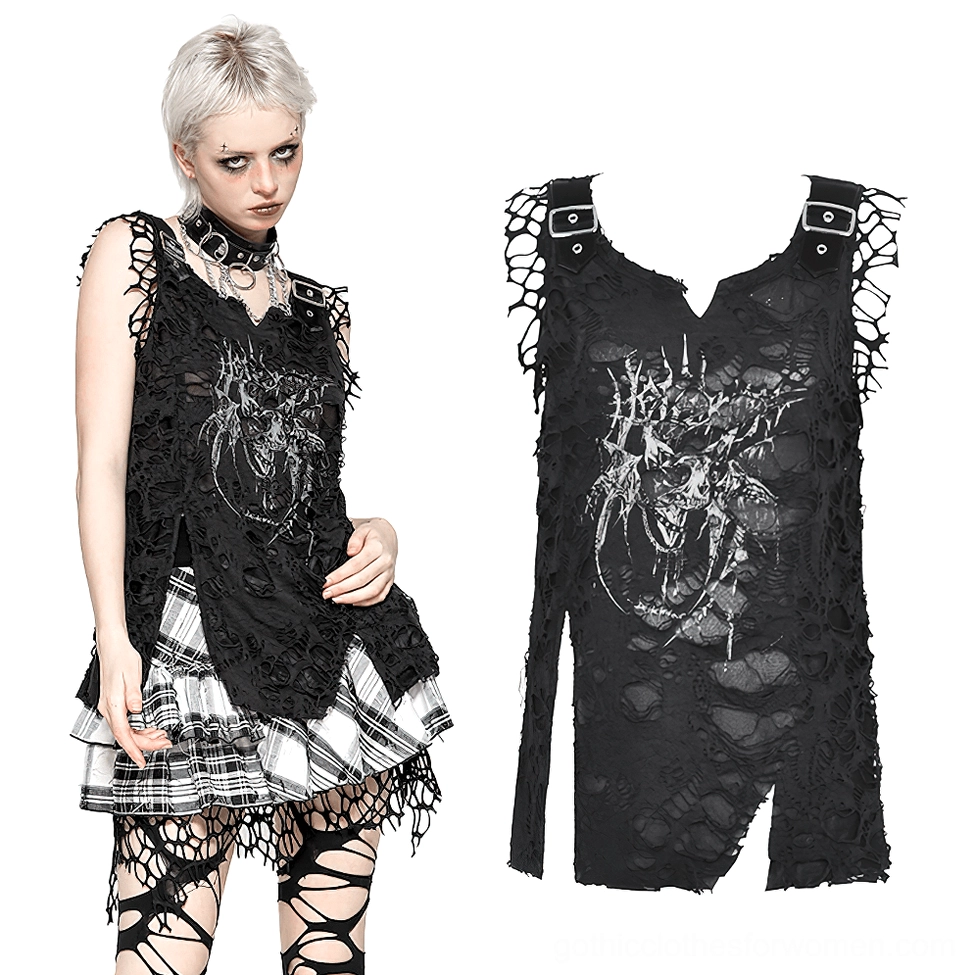 Distressed black skull tank top styled with plaid skirt and fishnet stockings