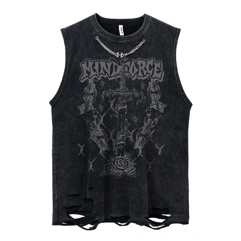 Sword and rose gothic tank top with attached silver chain detail, front view on flat lay showing graphic print and distressed hem