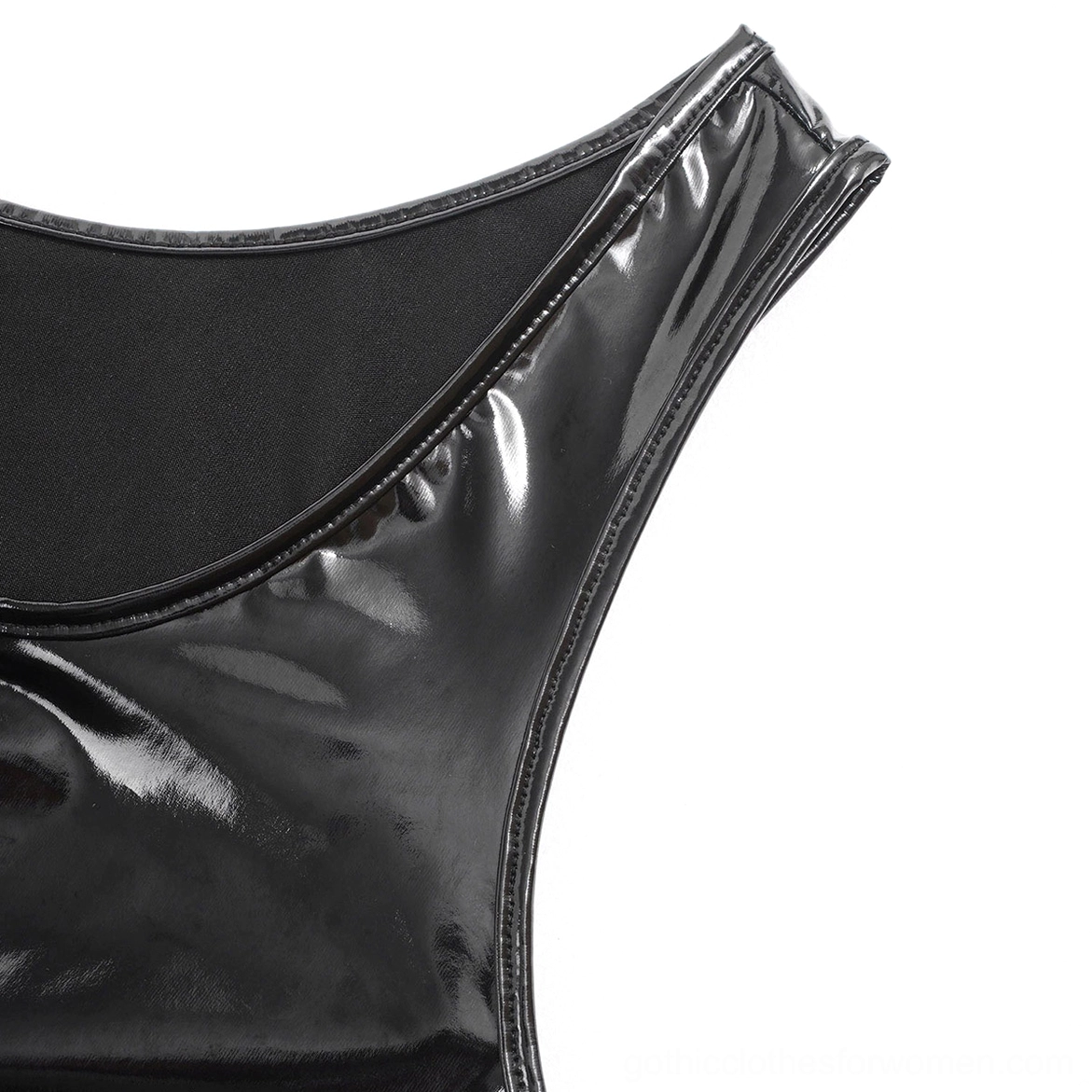 Patent leather gothic tank top neckline detail - close-up side view showing curved U-neck and glossy leather trim