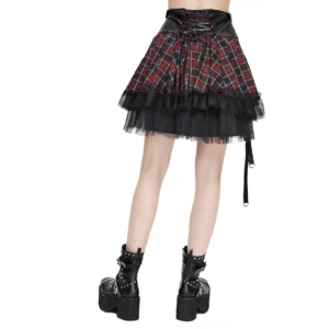 Gothic tartan mini skirt with corset lace-up waist and layered tulle mesh hem, back low-angle view