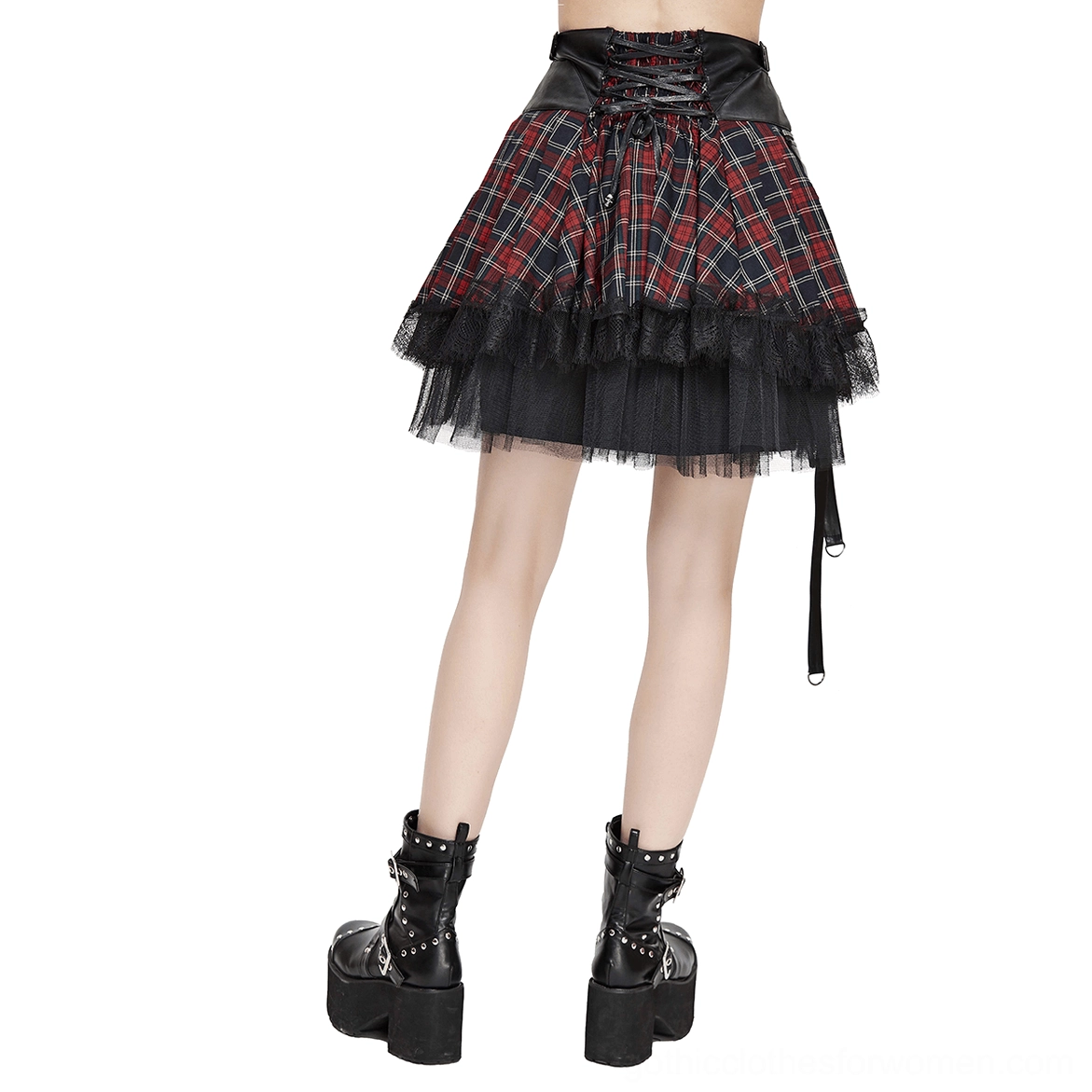 Gothic tartan mini skirt with corset lace-up waist and layered tulle mesh hem, back low-angle view