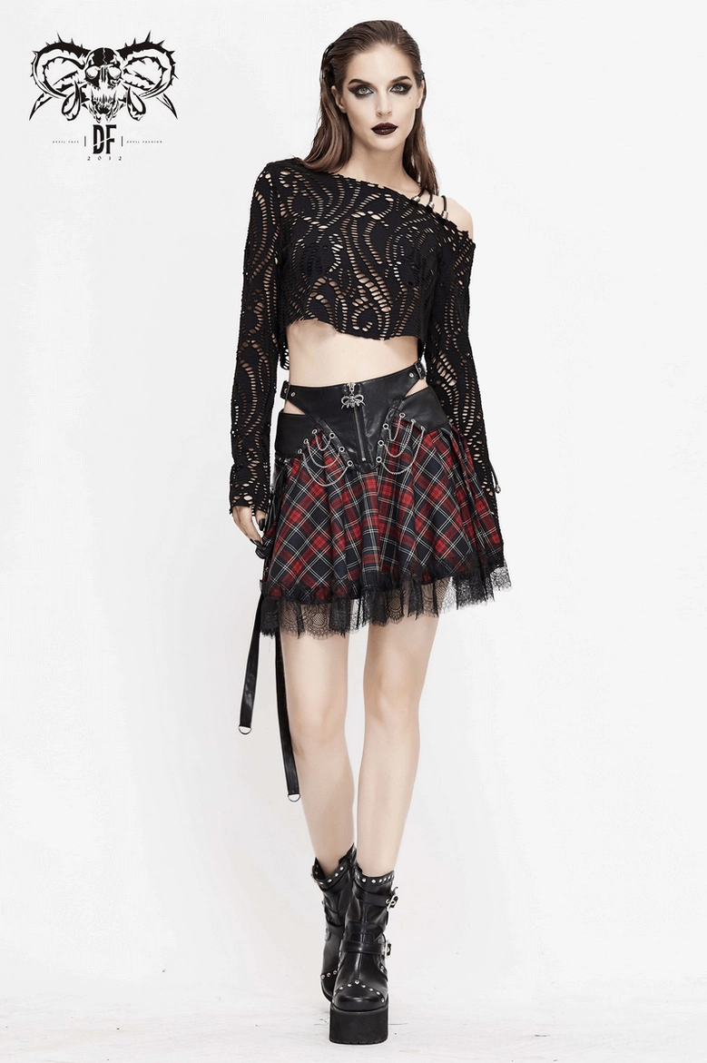Gothic tartan chain skirt set with matching lace crop top and platform boots, full-body front model