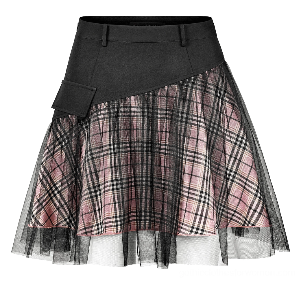 Front flat-lay view of high-waisted gothic plaid skirt with double-layer tulle hem and woven plaid base