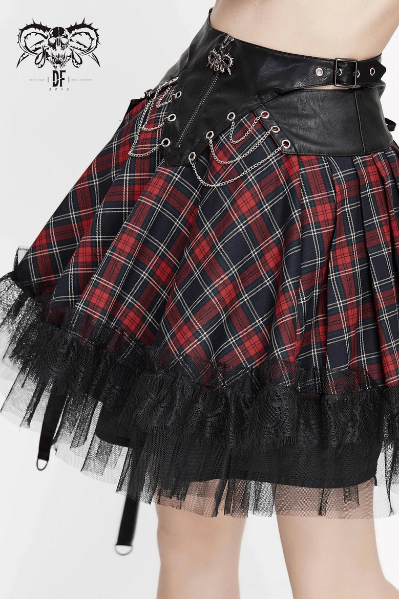 Gothic tartan plaid skirt three-quarter length view on model, alternative fashion styling