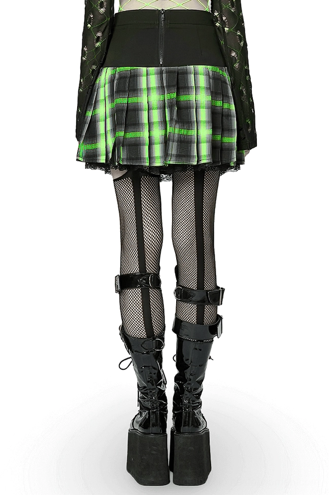 Back partial view of gothic tartan pleated skirt showing back zipper closure and pleated silhouette