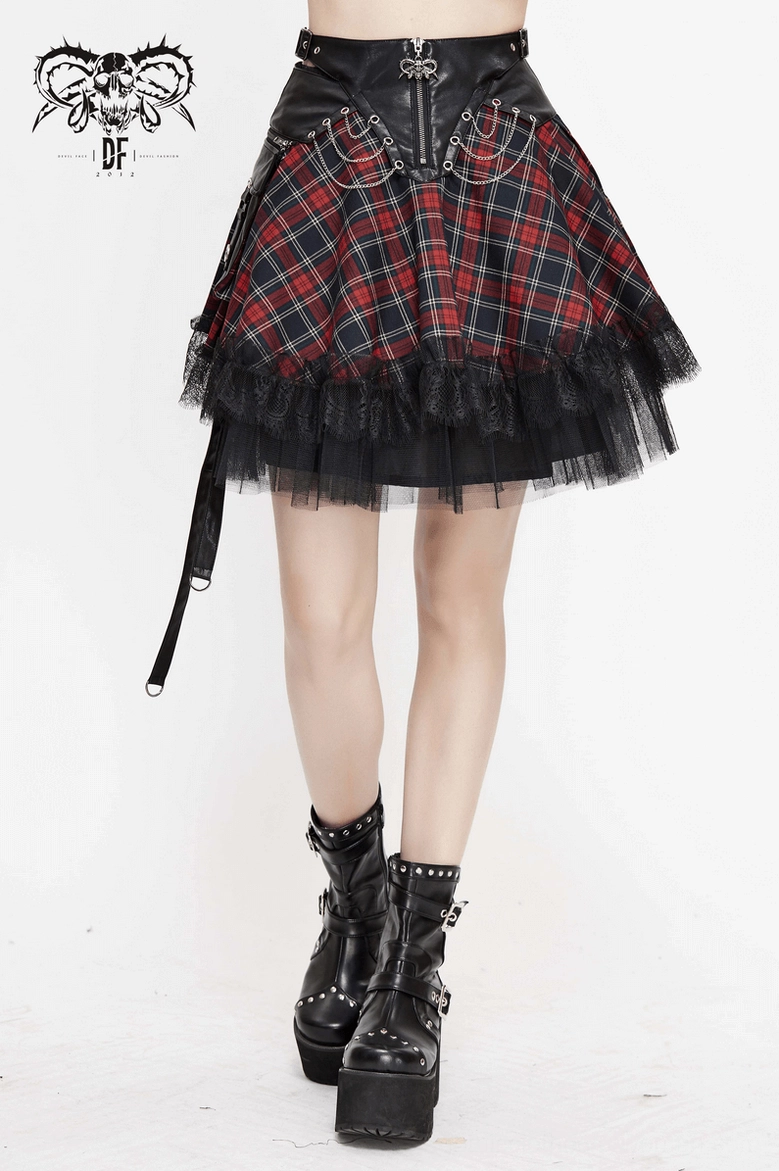 Back view detail of gothic tartan skirt lace insert and chain strap embellishment