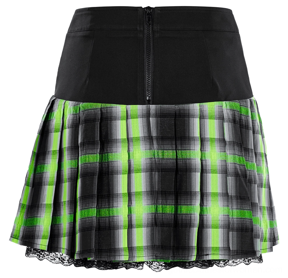 Back flat lay view of gothic tartan skirt highlighting central back zipper construction