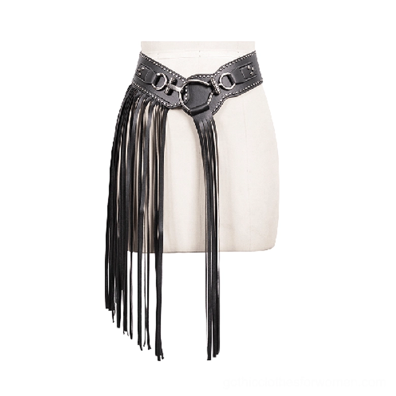 Gothic tassel leather belt front view on dress form mannequin displaying studded trim metal fastener hardware and fringe decoration