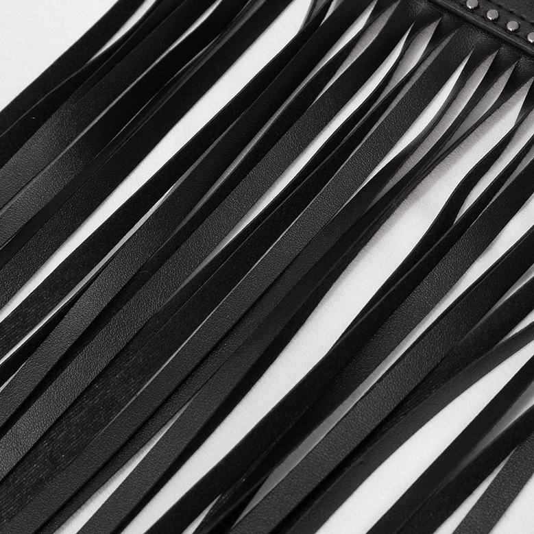 Gothic tassel leather belt overall silhouette view on dress form displaying complete design with hardware and fringe elements