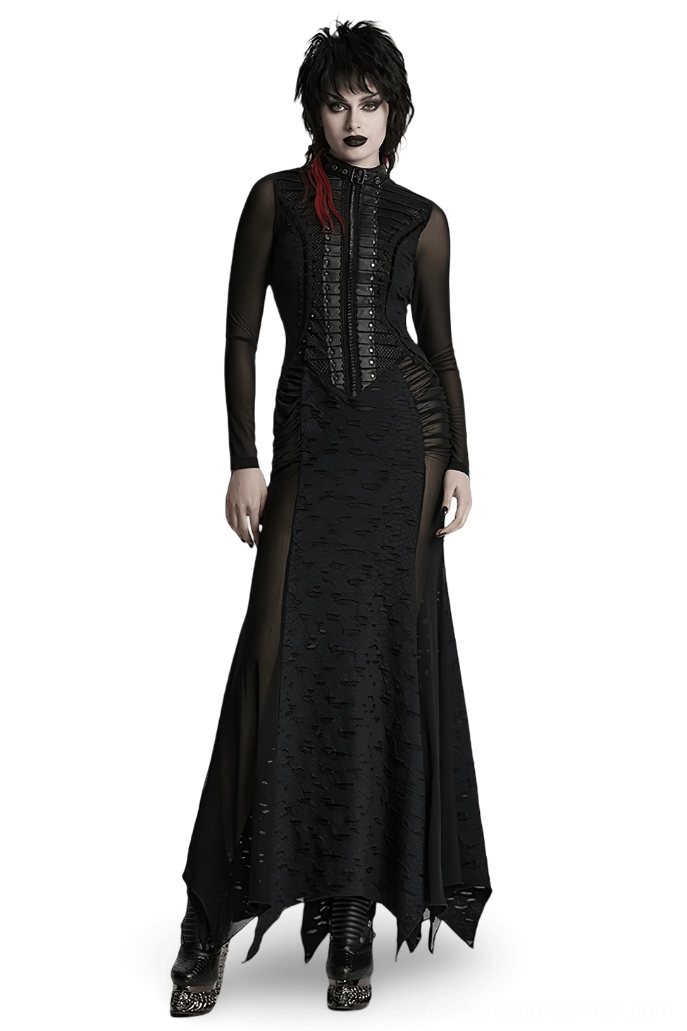 Black gothic tattered mesh pleated maxi dress front full body view, featuring sheer mesh sleeves, structured pleated corset front with metal studs, lace detailing at waist, and distressed hem with side splits