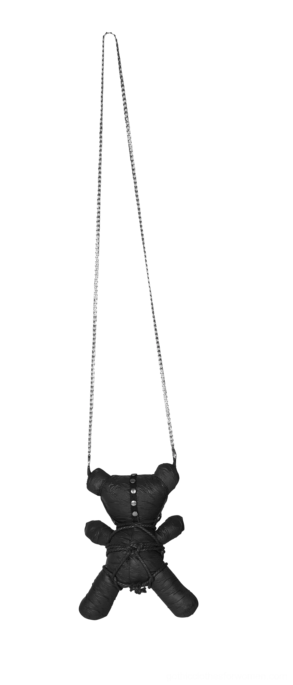 Back view of bondage teddy bear pendant with metal ring hardware and silver hanging chain