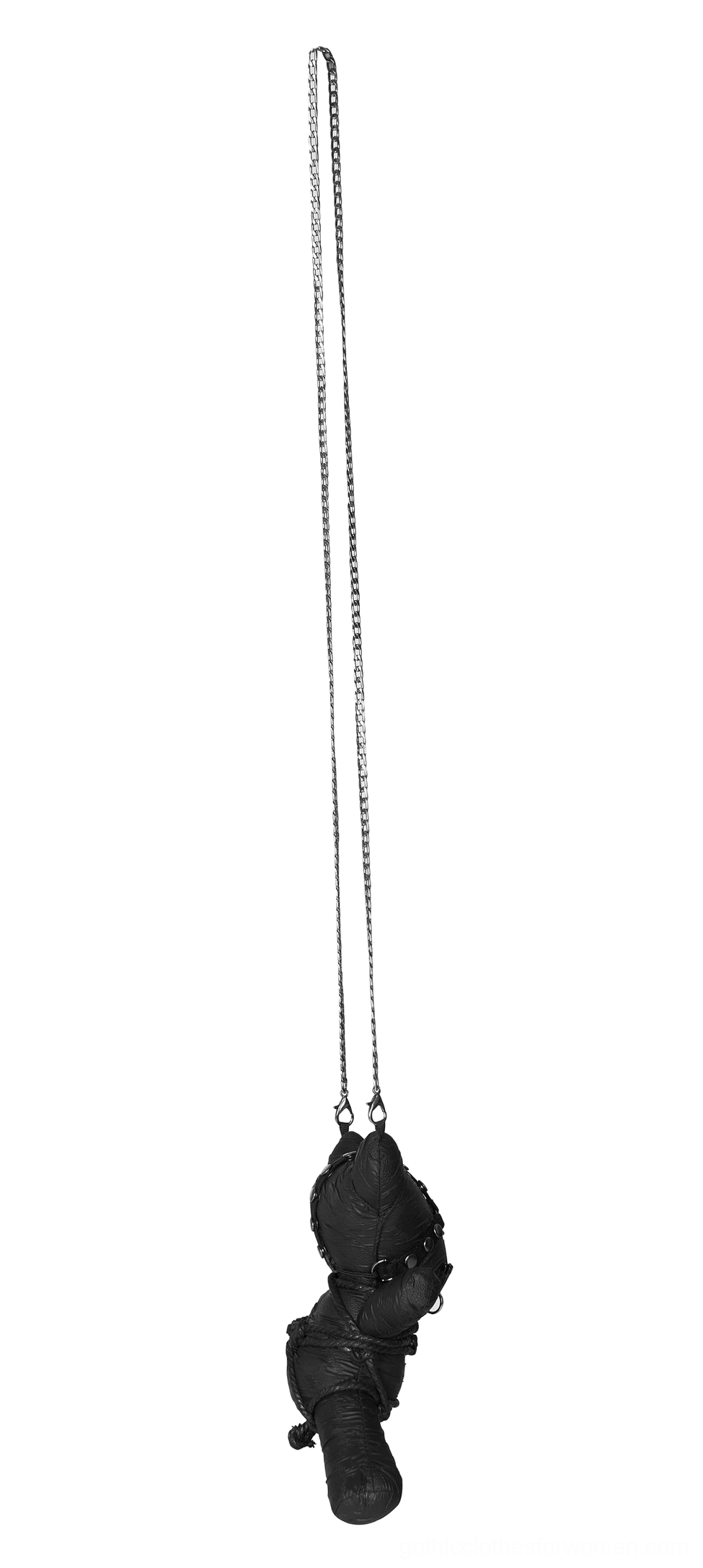 Partial gothic teddy bear pendant detail on slender silver chain - vertical hanging angle